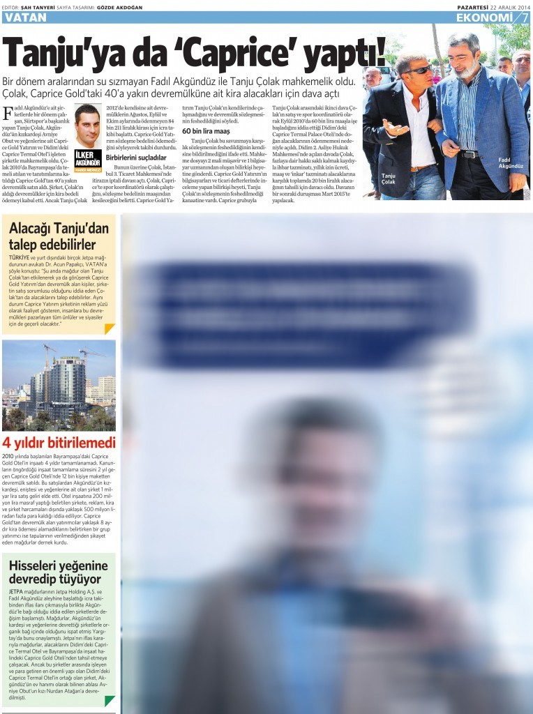 22 Aralık 2014 Vatan Gazetesi 7. sayfa