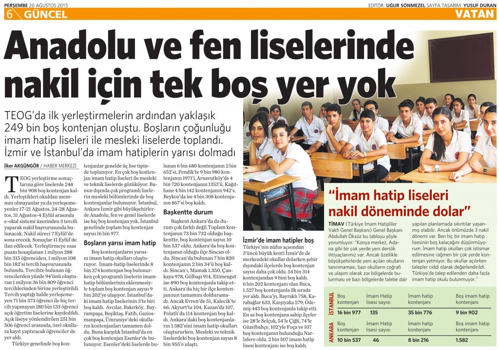 20 Ağustos 2015 Vatan Gazetesi 6. sayfa